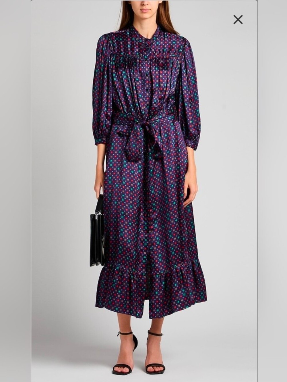 Sandro Dress Satin Midi Multicolor Purple Blue 3/4 sleeve Size EU 40 US L NWT